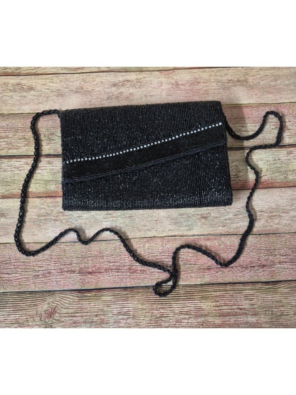 Vintage 80s La Regale Black Beaded Rhinestone Evening Bag Crossbody Purse
